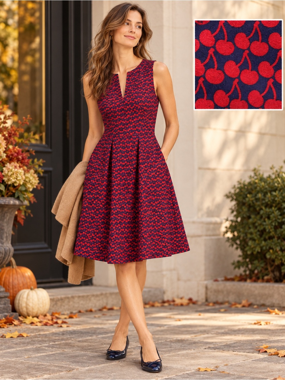 J.Crew Cherry Print Fit Flare A-Line Dress Navy Red Pockets Preppy Size 2